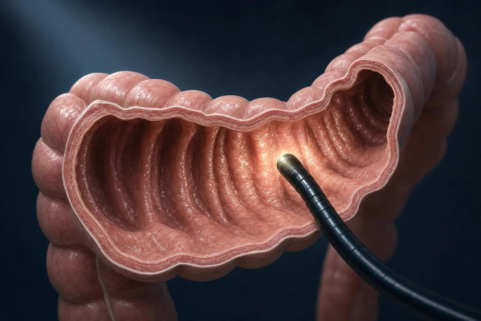 Realistic anatomic cross-section of the human colon with a flexible colonoscope inserted into the lumen, showing how the procedure examines the inner wall for polyps during colorectal screening.
